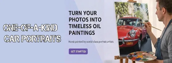 Custom oil painting of a car hand‑painted from an uploaded vehicle photo.